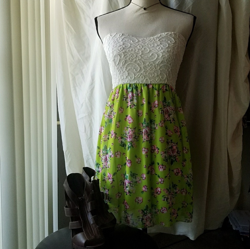 Strapless Lace Floral Print Dress